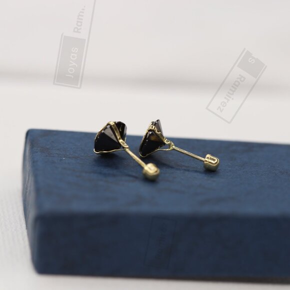 14K Solid Gold Round Stud Earrings With Black Zirconia • Fine Jewelry. - Picture 4 of 6